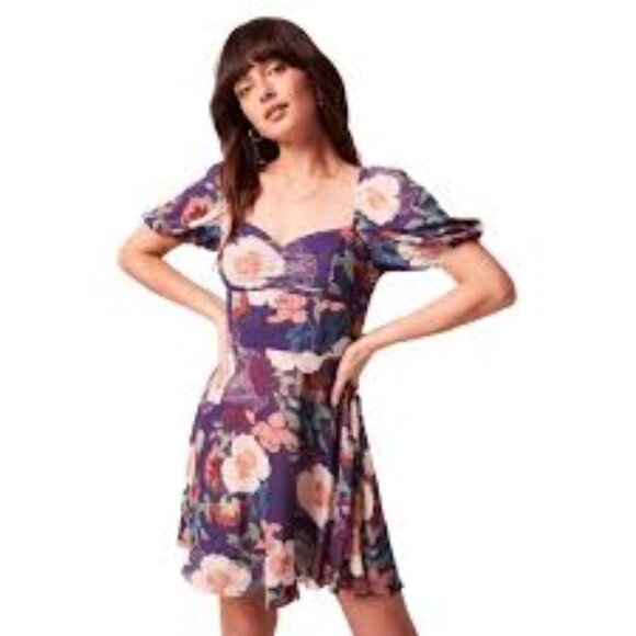 NWT Band Of The Free Aimee Purple Floral Puff Sleeve Mini Dress M & L - Picture 1 of 13